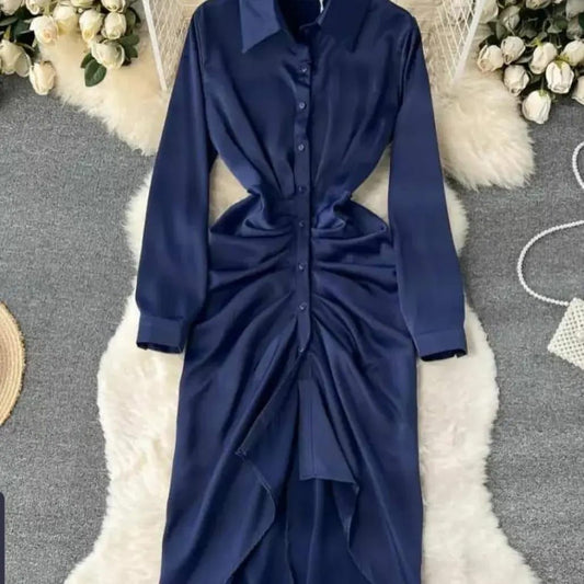 Silk Button Up Long Sleeve Dress