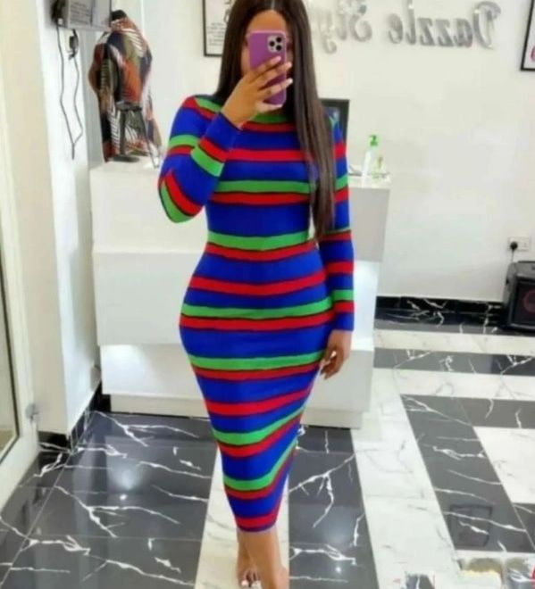 Red Green, Black and Blue Stripe Long Sleeve Bodycon Dress