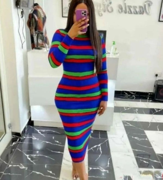 Red Green, Black and Blue Stripe Long Sleeve Bodycon Dress