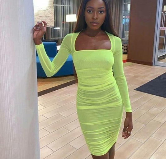 Mesh Long Sleeve Dress Neon Green