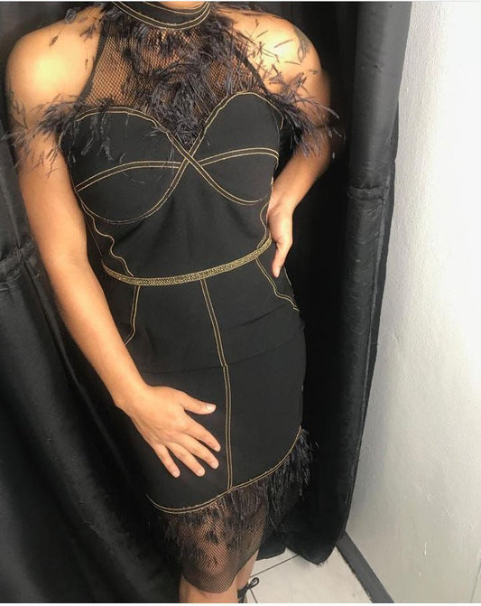 Gold & Black Dress with Feather