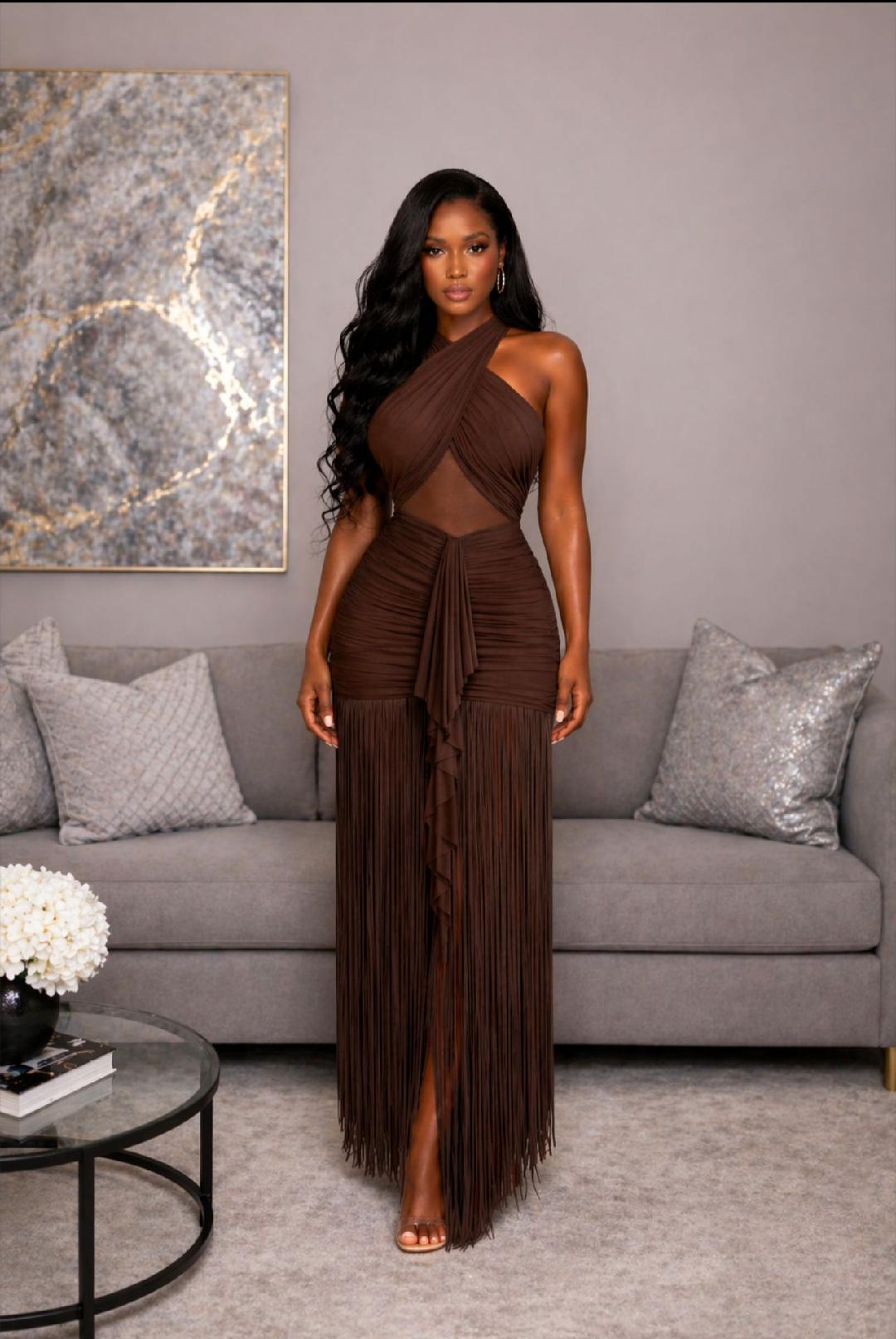 The Goddess Fringe Maxi Dress